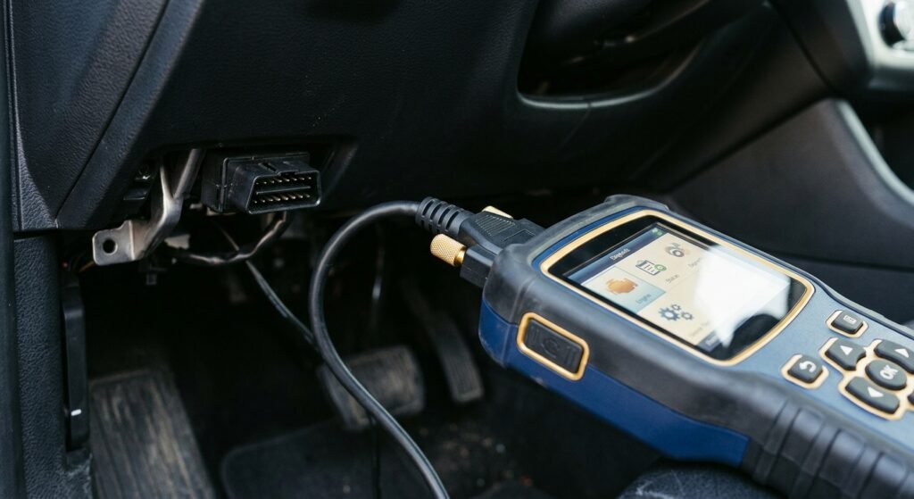 Chrysler P0420 Code — Expert Guide &Amp; Safe Fix Steps 2 Chrysler P0420 Code — Close-Up Of Obd-Ii Scan Tool Connected To A Chrysler Vehicle Port.