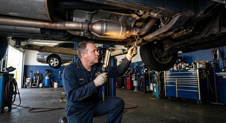 Dodge P0420 Code — Mechanic Inspecting A Dodge Catalytic Converter Under A Car, P0420 Emissions Code Topic.