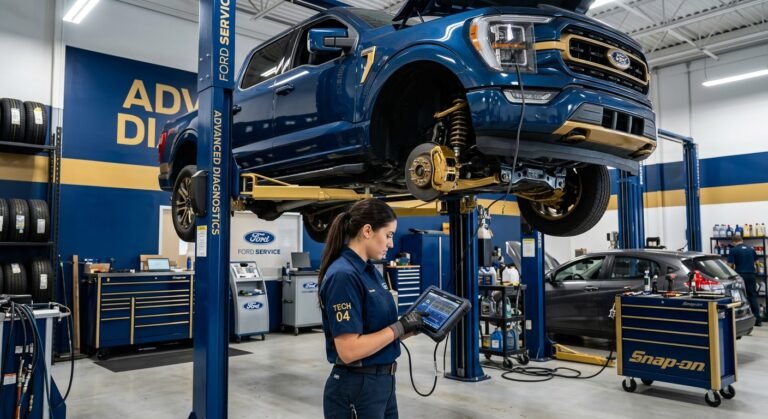 Ford P0420 Code — Causes, Diagnosis &Amp; Fixes 6 Technician Scanning A Ford For A P0420 Catalytic System Code With Tablet In Professional Garage.