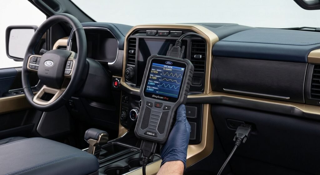 Ford P0420 Code — Causes, Diagnosis &Amp; Fixes 2 Obd-Ii Scanner Showing Live Oxygen Sensor Data Connected To A Ford Dashboard.
