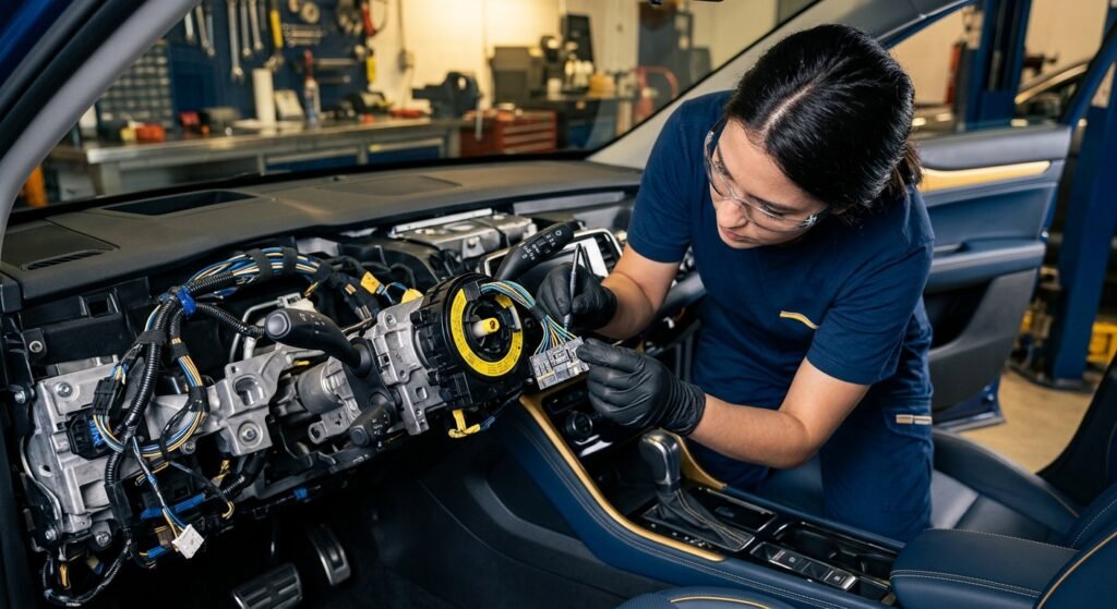 Gmc C0051 — Steering Wheel Position Sensor Fault &Amp; Fix 2 Technician Inspecting Steering Column Clock Spring And Connectors For Steering Angle Sensor Fault.