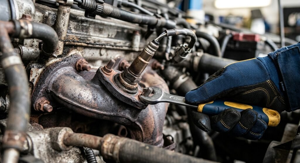 Gmc P0420 Code — Proven Guide To Avoid Costly Mistakes 2 Gmc P0420 Code — Close-Up Of Oxygen Sensor And Exhaust Flange During Diagnostics.
