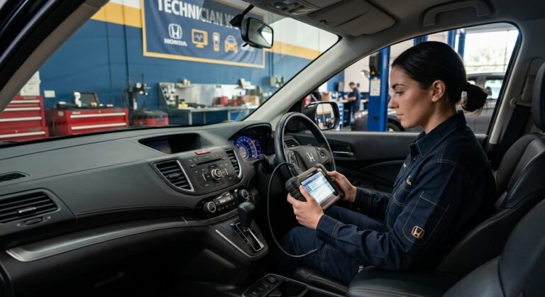 Honda U0100 Code — Expert Guide (Reliable, Critical) 7 Honda U0100 Code — Technician Diagnosing A Honda U0100 Code With A Scan Tool In A Workshop, Brand Colors Deep Blue And Gold.