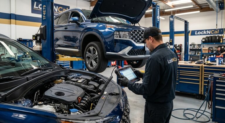 Hyundai P0420 — Hyundai Vehicle On Lift With Diagnostic Scanner Showing A P0420-Related Inspection