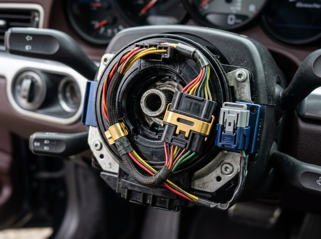 Kia B0001 — Expert Guide (Proven Safe Fix) 2 Kia B0001 — Steering Wheel Removed Showing Clock Spring And Airbag Connectors