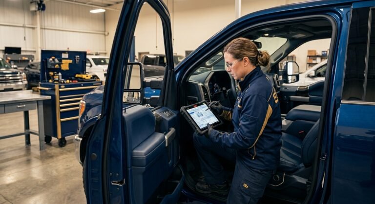 Ram B0081 — Expert Guide: Proven, Safe Diagnosis 7 Ram B0081 — Technician Diagnosing Passenger Seat Occupant Classification Fault On A Ram Truck.