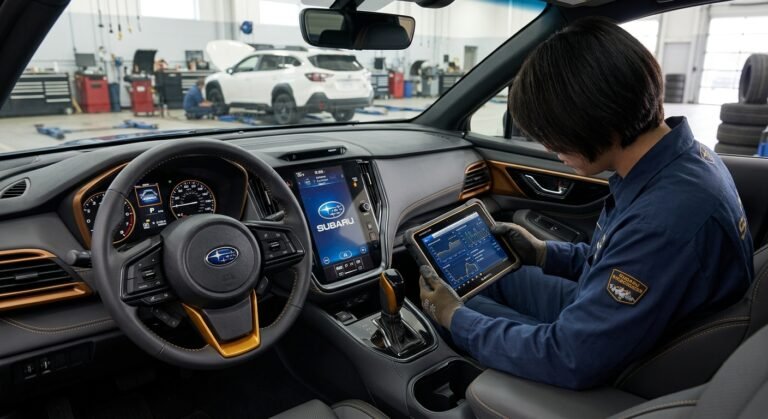 Subaru B0010 — Technician Diagnosing A Subaru Airbag/Srs Module With A Tablet — Subaru B0010 Topic