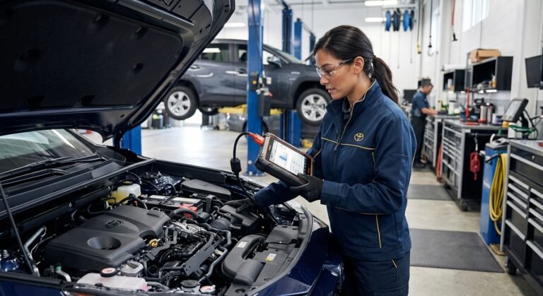 Toyota U0100 Code — Expert Guide (Critical) 2 Toyota U0100 Code — Technician Diagnosing A Toyota U0100 Code With A Scan Tool Near The Engine Bay.