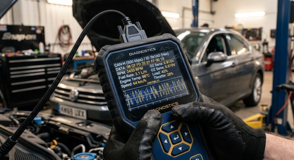 U0100 Code — Proven Fixes &Amp; Critical Guide 2 U0100 Code — Close-Up Of An Obd-Ii Scanner Showing Live Can-Bus Data