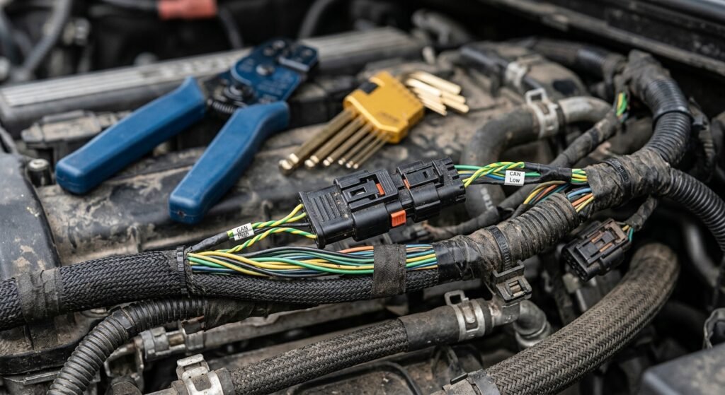 U0101 Code — Proven Safe Fixes For Lost Tcm Communication 2 U0101 Code — Close-Up Of Vehicle Can Bus Wiring Harness And Connectors