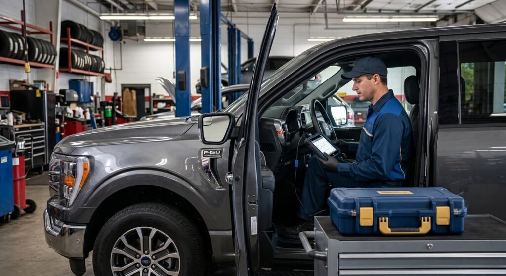 Ford F150 Airbag Light — Expert Fix &Amp; Safe Guide 2 Ford F150 Airbag Light — Technician Scanning A Ford F-150 With Diagnostic Tool