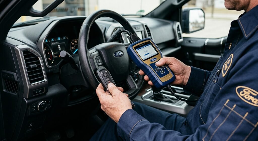 Ford F150 Key Fob Programming — Expert &Amp; Safe Mobile Service 2 Ford F150 Key Fob Programming — Technician Programming A Ford F-150 Key Fob With An Oem Programming Tool