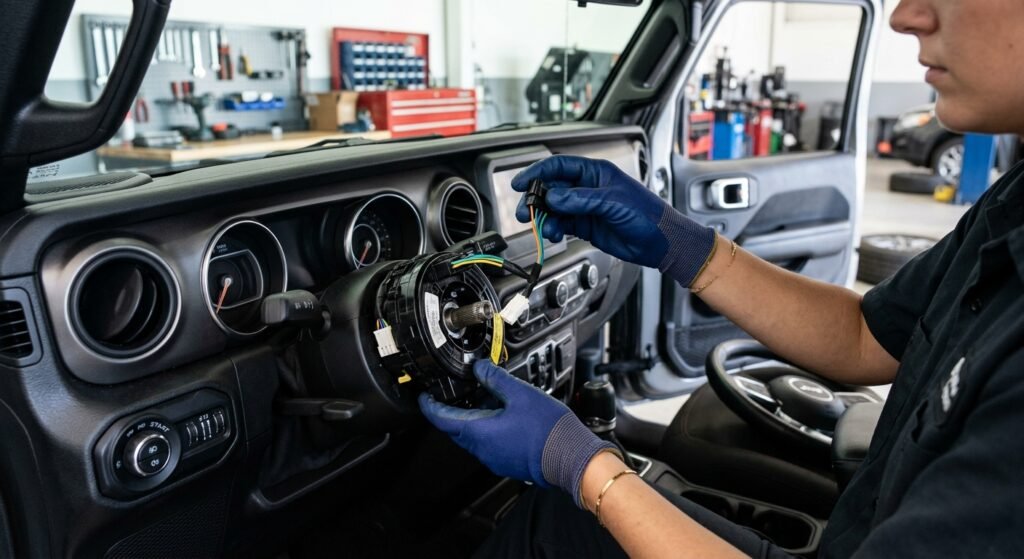 Jeep Wrangler Clock Spring Replacement — Expert Safe Fix 2 Jeep Wrangler Clock Spring Replacement — Jeep Wrangler Steering Wheel Removed To Reveal Clockspring And Wiring Connectors.