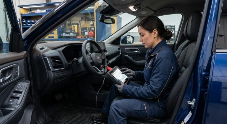 Nissan U0100 Code — Technician Using Scan Tool On Nissan To Diagnose U0100 Code