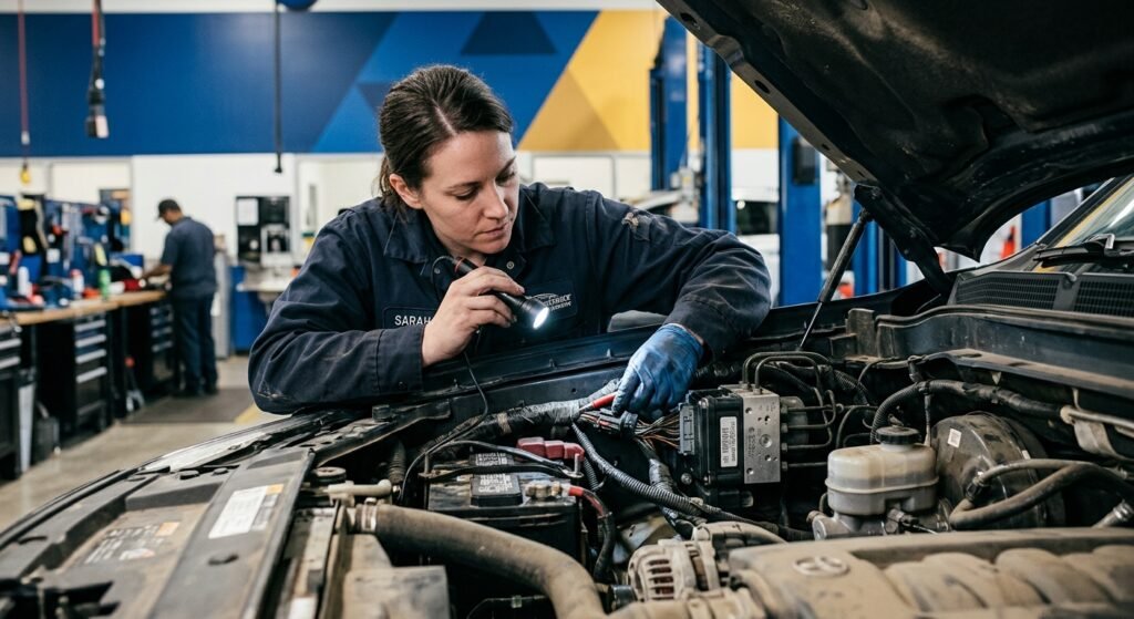 U0121 Code — Abs Lost Comm: Expert &Amp; Safe Guide 2 U0121 Code — Technician Inspecting Abs Wiring Harness During U0121 Diagnosis